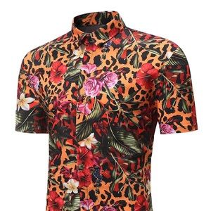 Orange leopard print floral shirt sleeve shirt